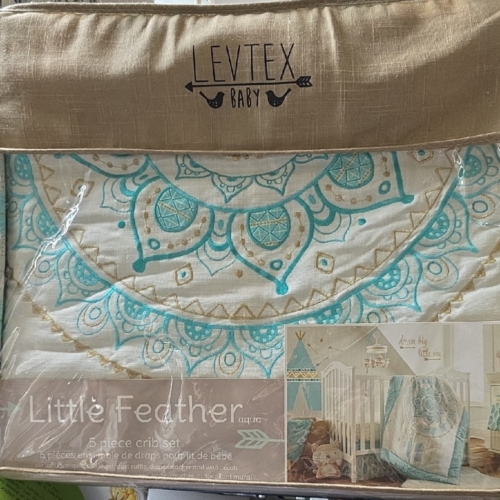 Levtex Baby Little Feather Crib Set - Aqua and Beige 5pc